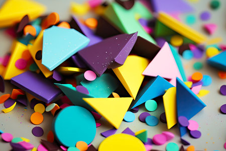 a close-up of a handful of brightly colored confetti, with different shapes and sizes., created with generative aiの素材