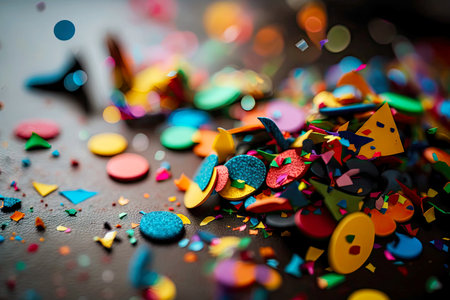 a close-up of colorful confetti in a variety of shapes and sizes, with blurred background effects, created with generative aiの素材