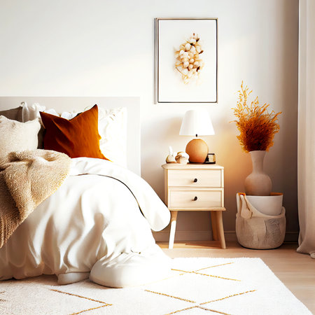 cozy beige carpet with white bedside table and decorations, created with generative aiの素材