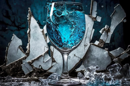 ruined cracked glass on splashes of water and blue stain, created with generative aiの素材