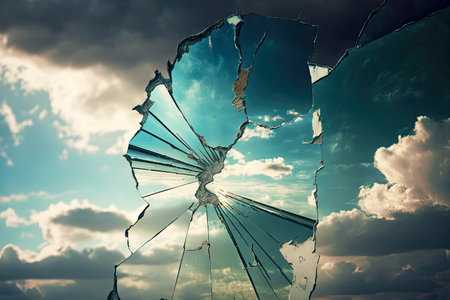 long thin cracks on glass against background of cloudy sky, created with generative aiの素材