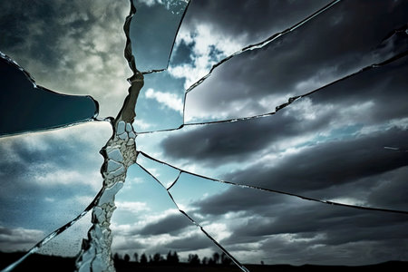 long thin cracks on glass against background of cloudy sky, created with generative aiの素材