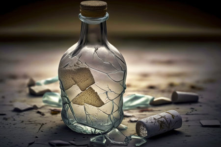 small fracture in surface of cracked glass bottle, created with generative aiの素材
