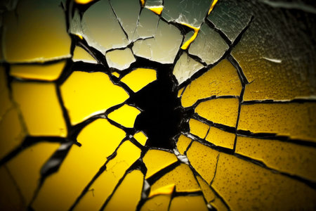 yellow cracks on surface of cracked glass pattern, created with generative aiの素材