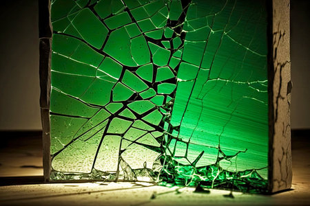 cracks along entire length crack on glass in green tones, created with generative aiの素材