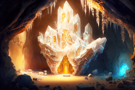 cave with illuminated walls and tree-shaped crystals, created with generative aiの素材