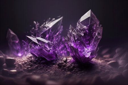 translucent beautiful purple amethyst crystals on dark background with black lines, created with generative aiの素材