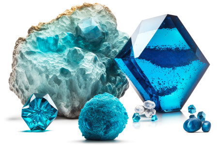 beautiful big blue mineral specimens with bubbles isolated on white background, created with generative aiの素材