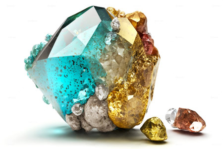beautiful multi-colored stone with crystals isolated on white background, created with generative aiの素材