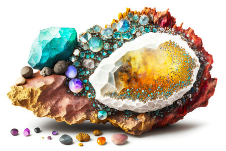 beautiful multi-colored stone with crystals isolated on white background, created with generative aiの素材