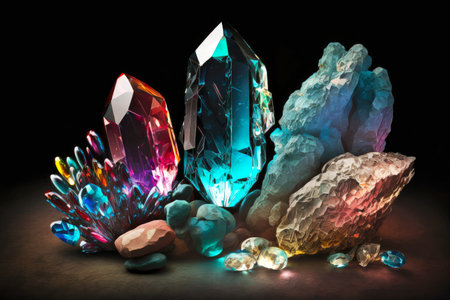 bright multi-colored glowing quartz and turquoise crystals on dark background, created with generative aiの素材