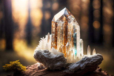 large huge quartz crystal beautiful minerals on blurred background of forest, created with generative aiの素材