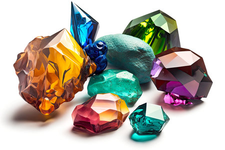 group of medium-sized multicolored crystals isolated on white background, created with generative aiの素材