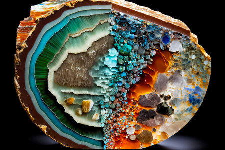cross-section of mineralogical stone with multi-colored crystals, created with generative aiの素材