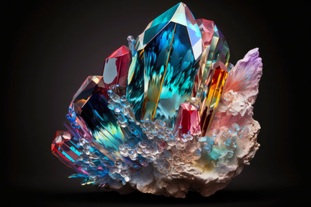multicolored large quartz crystal with faceted faces on blue background, created with generative aiの素材