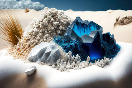 snow-white sand with grey and blue big minerals crystals, created with generative aiの素材