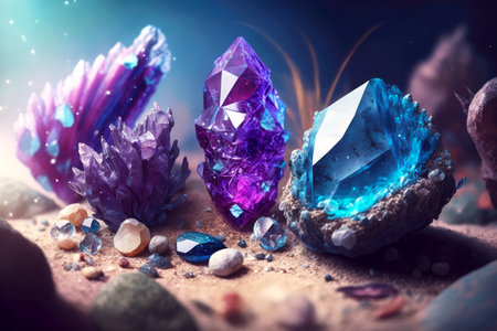 magical purple and blue mineral stones with streaks of minerals on blurred background of crystals, created with generative aiの素材