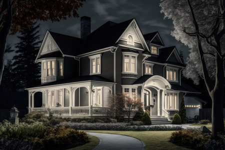 gray white modern suburban house in excellent condition exterior of a classic house at night, created with generative aiの素材