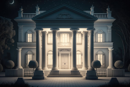 white elegant house facade with columns against background of moonlight exterior of a classic house at night, created with generative aiの素材