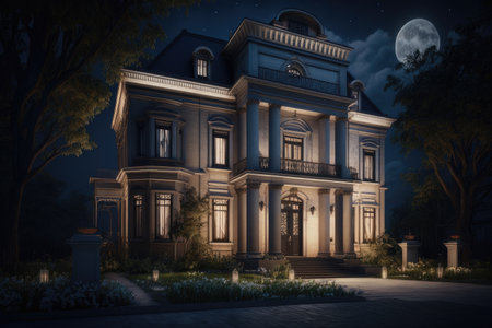 modern multistory mansion with design elements exterior of a classic house at night, created with generative aiの素材