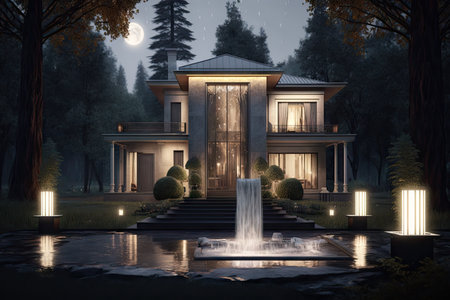 bright modern house of unusual design in forest against backdrop of fountain exterior of a classic house at night, created with generative aiの素材