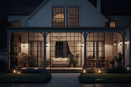 interior of a modern house with furnishings and decor at night exterior of a classic house at night, created with generative aiの素材