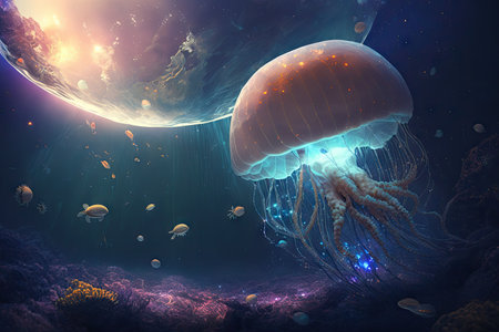 fantastic jellyfish in space floating underwater over planet, created with generative aiの素材