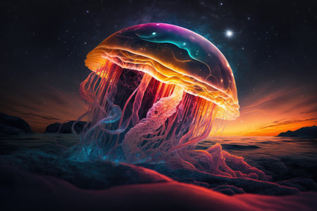 fantastic jellyfish in space lying on edge of planet in colors of sunset, created with generative aiの素材