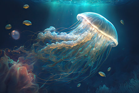 floating in water strange marine creatures fantastic jellyfish in space, created with generative aiの素材
