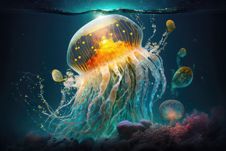 fantastic jellyfish in space among sea minerals and seaweed, created with generative aiの素材