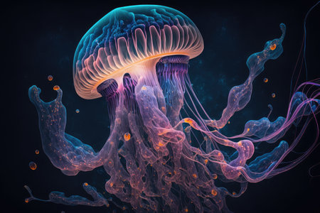 fantastic jellyfish in space expanding its tentacles to sides, created with generative aiの素材