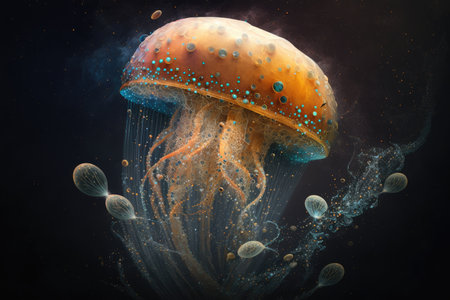 fantasy jellyfish in space covered with spots and grains, created with generative aiの素材