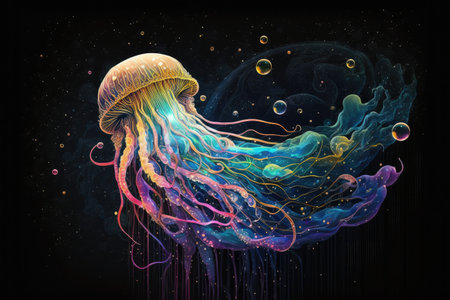 fantastic jellyfish in space with multi-colored tentacles flowing in cosmic ocean, created with generative aiの素材