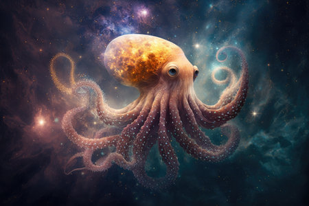 fascinating octopus fantastic jellyfish in space with spread tentacles, created with generative aiの素材