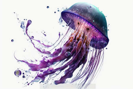 fantastic jellyfish in space with purple tentacles isolated on white background, created with generative aiの素材