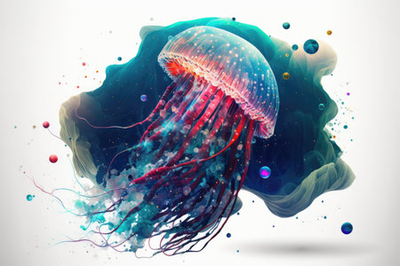 fantastic jellyfish in space with multicolored tentacles on white background, created with generative aiの素材