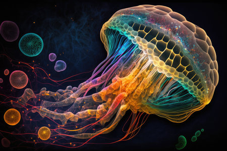 fantastic jellyfish in space depicted on multi-colored mosaic background, created with generative aiの素材