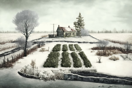 abandoned field with vegetable gardens in winter and small trees, created with generative aiの素材