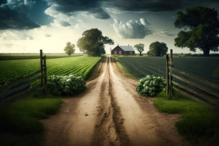 empty country road leading to field with vegetable gardens, created with generative aiの素材