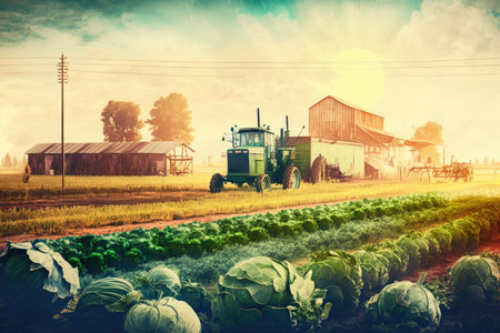 morning harvesting and harvest of edible greens in field with vegetable gardens, created with generative aiの素材