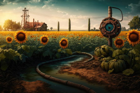 landscape with sunflowers and neck pump in field with vegetable gardens, created with generative aiの素材