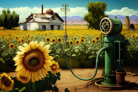 landscape with sunflowers and neck pump in field with vegetable gardens, created with generative aiの素材