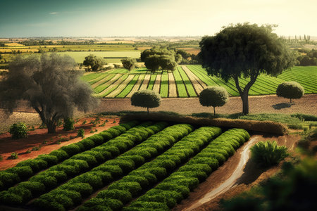 view of natural agricultural landscape field with vegetable gardens, created with generative aiの素材