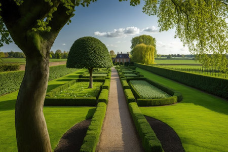 green tree-lined paths and field with vegetable gardens in garden, created with generative aiの素材
