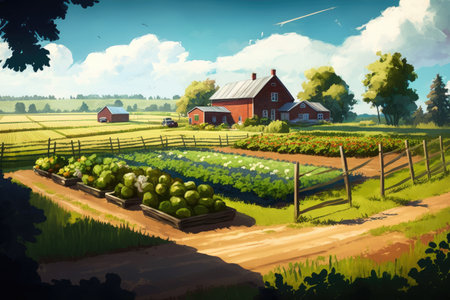 sunny day at farm with crop fields and vegetable gardens, created with generative aiの素材