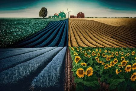 farmland with sunflower and corn flowers growing in rows on field with vegetable gardens, created with generative aiの素材