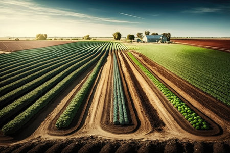 large area of cultivated land for agricultural crops field with vegetable gardens, created with generative aiの素材