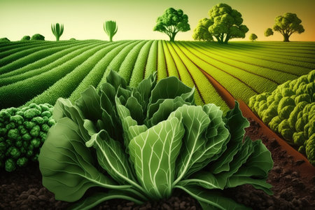 green plants for organic cultivation in field with vegetable gardens, created with generative aiの素材