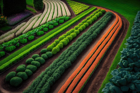 garden close-up with rows of plants and vegetables in field with vegetable gardens, created with generative aiの素材