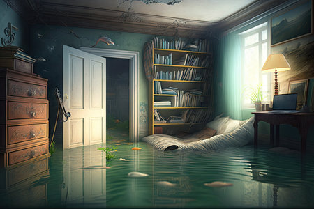 room with open drawers in flooded flat interior, created with generative aiの素材